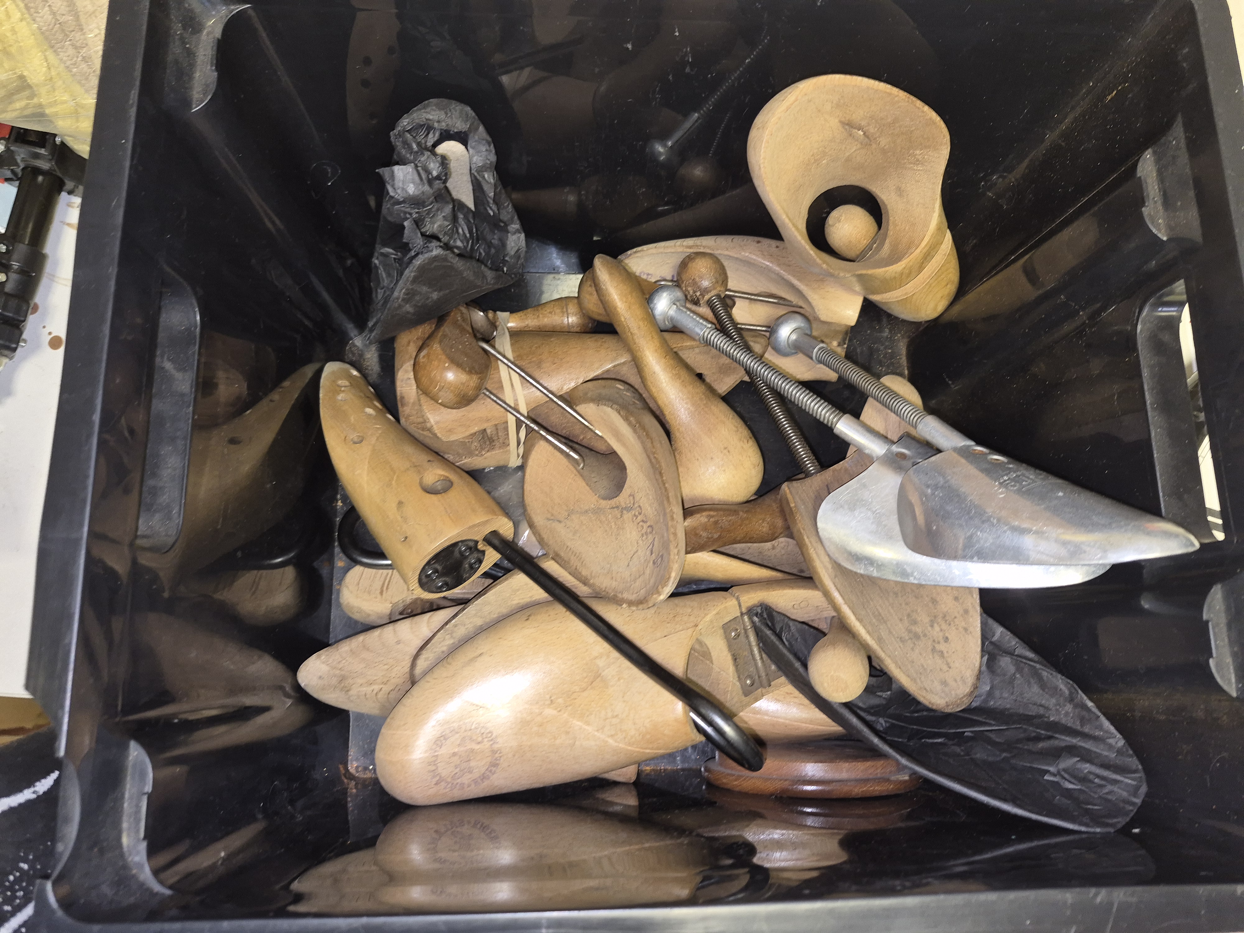 Box of Vintage Wooden Shoe and Boot Stretchers Including Salas High Wycombe