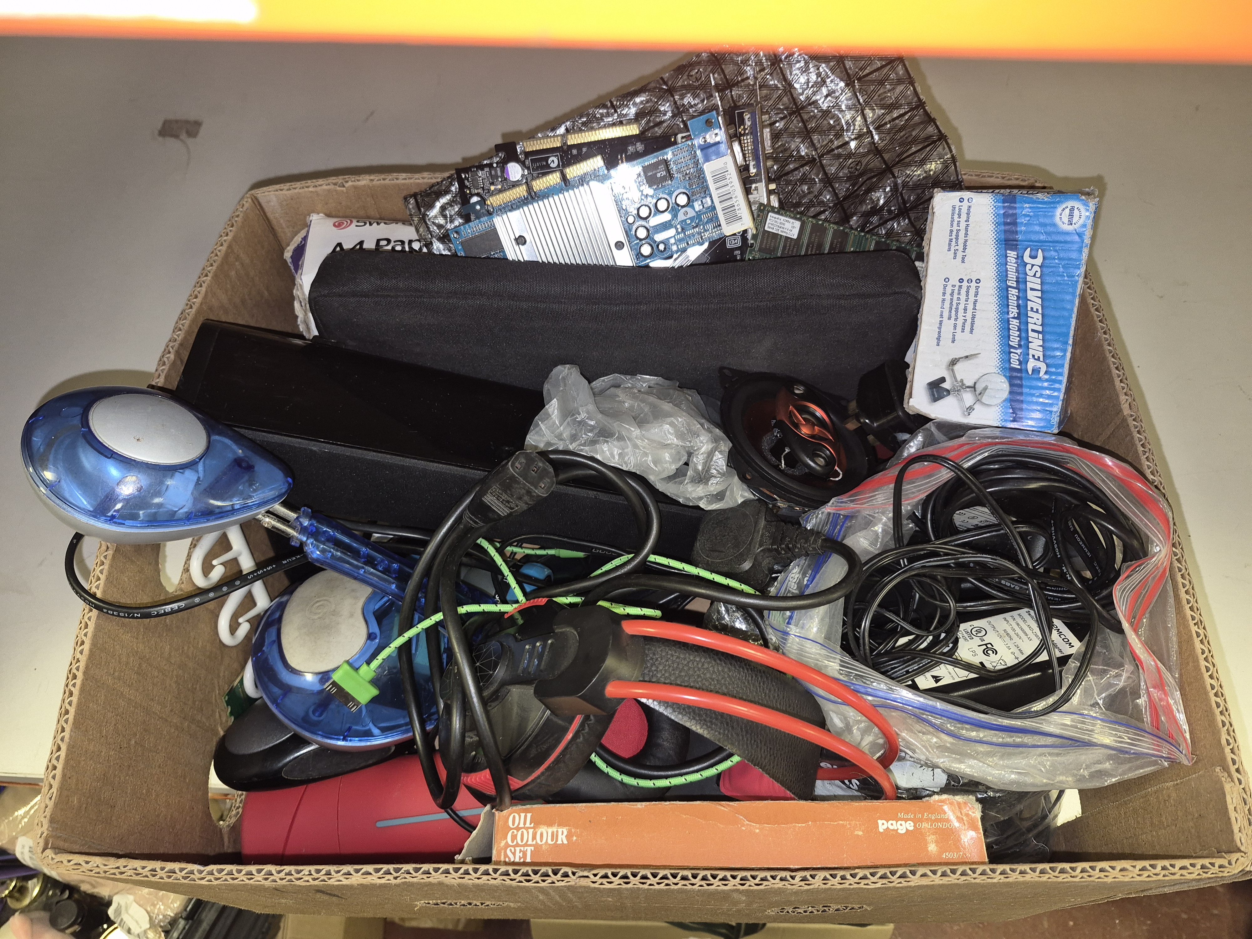 Box of Mixed Electronics and Hobby Supplies Including Silverline and Page of London