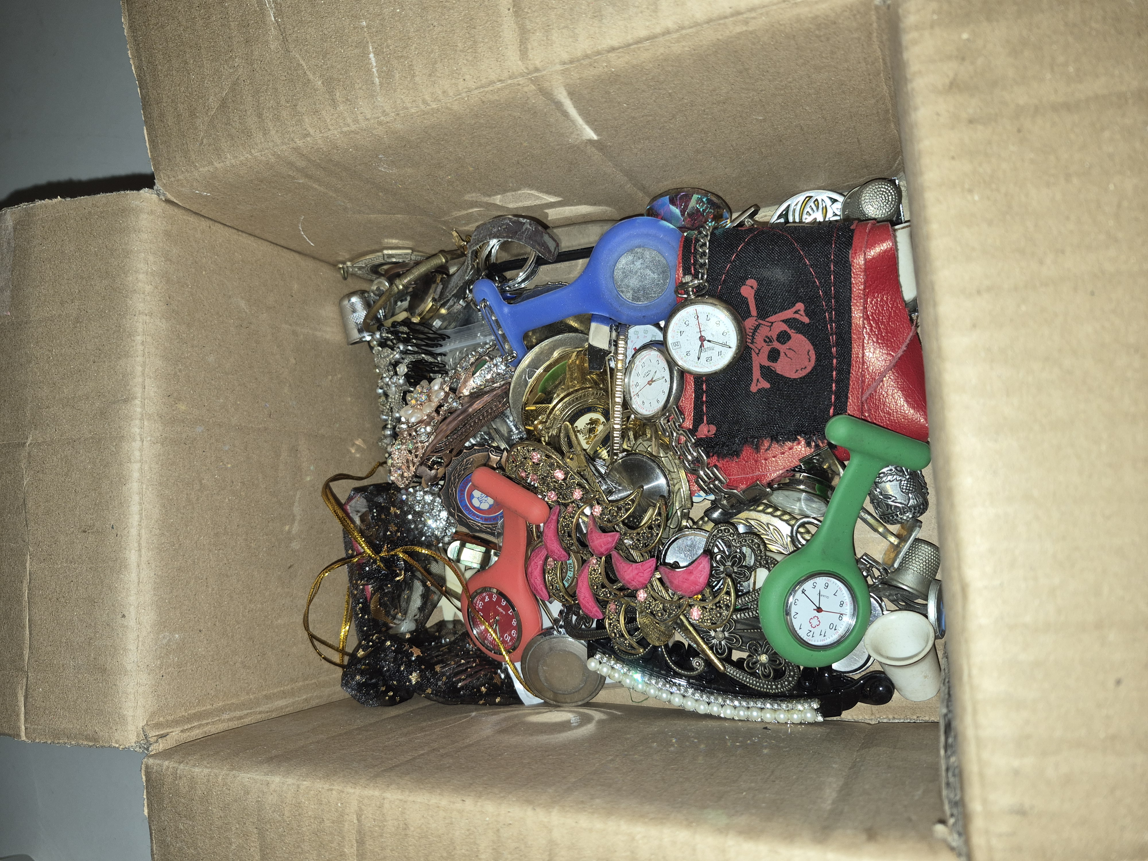 Box of Costume Jewellery and Accessories Including Nurses Watches and Brooches