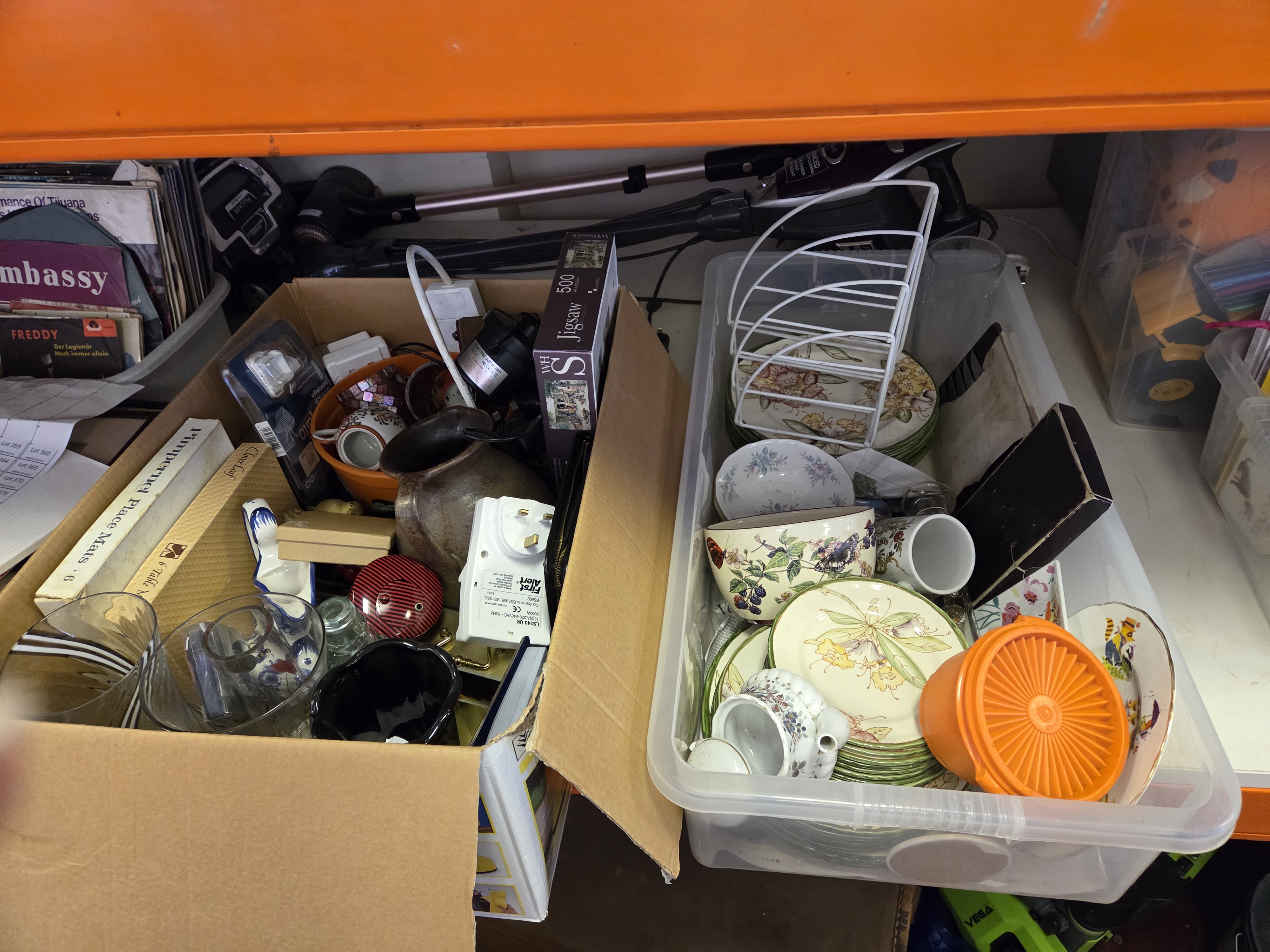 Two Boxes of Household Goods and Ceramics Including Pimpernel Place Mats and First Alert