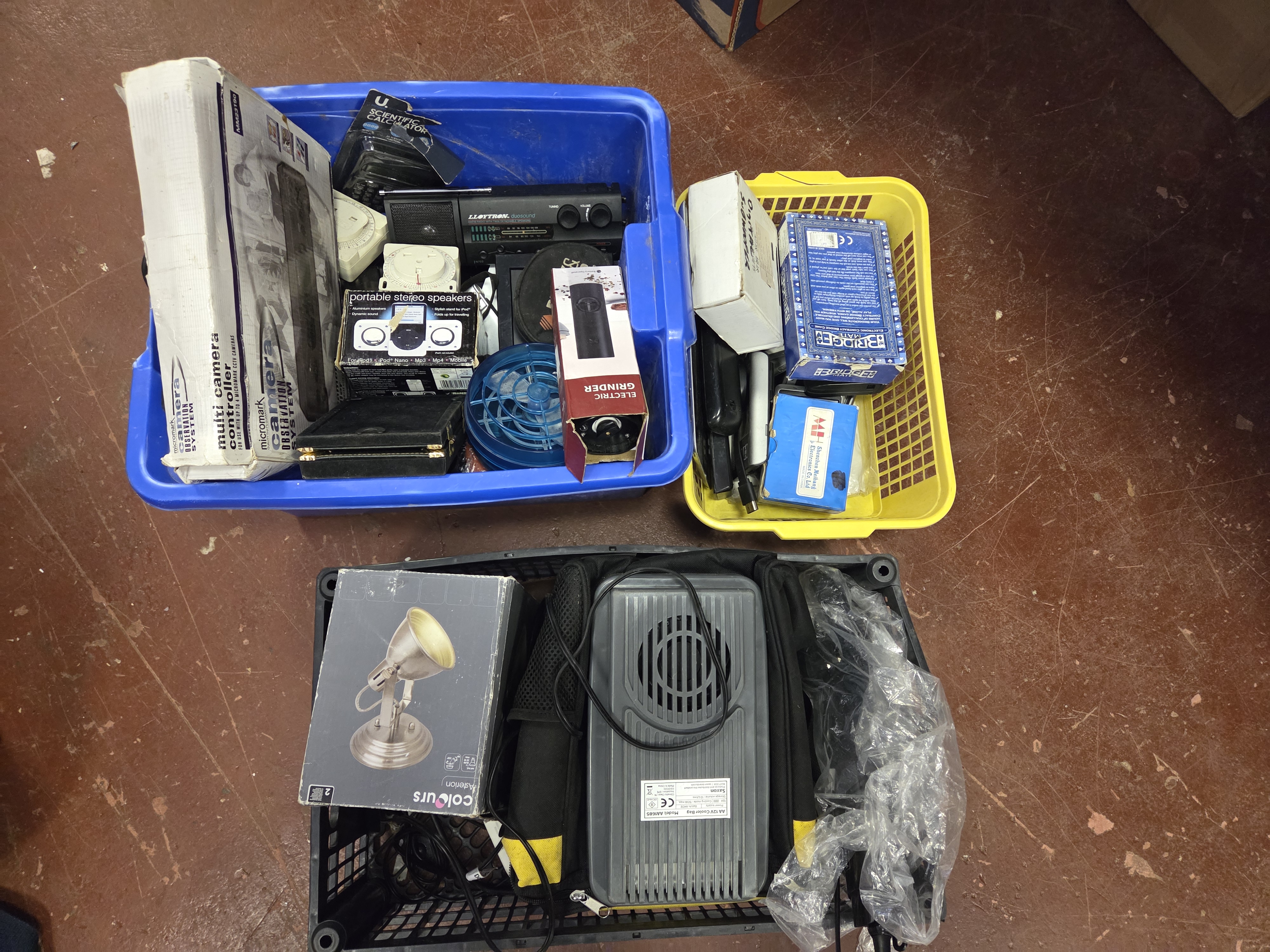 Three Baskets of Mixed Household Electronics Including Micromark and Saxon