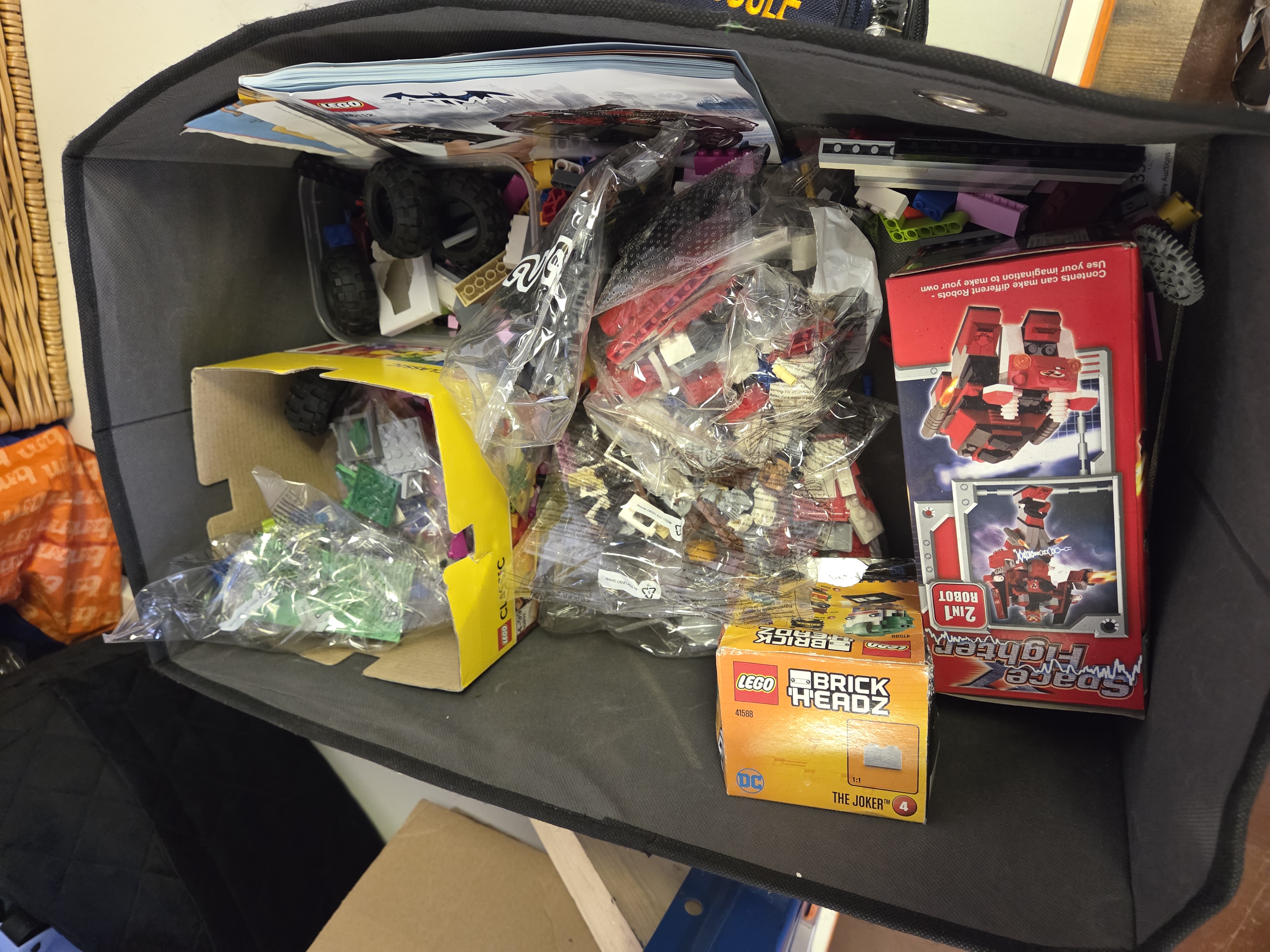 Storage Bin of Assorted Building Bricks Including LEGO and Space Fighter