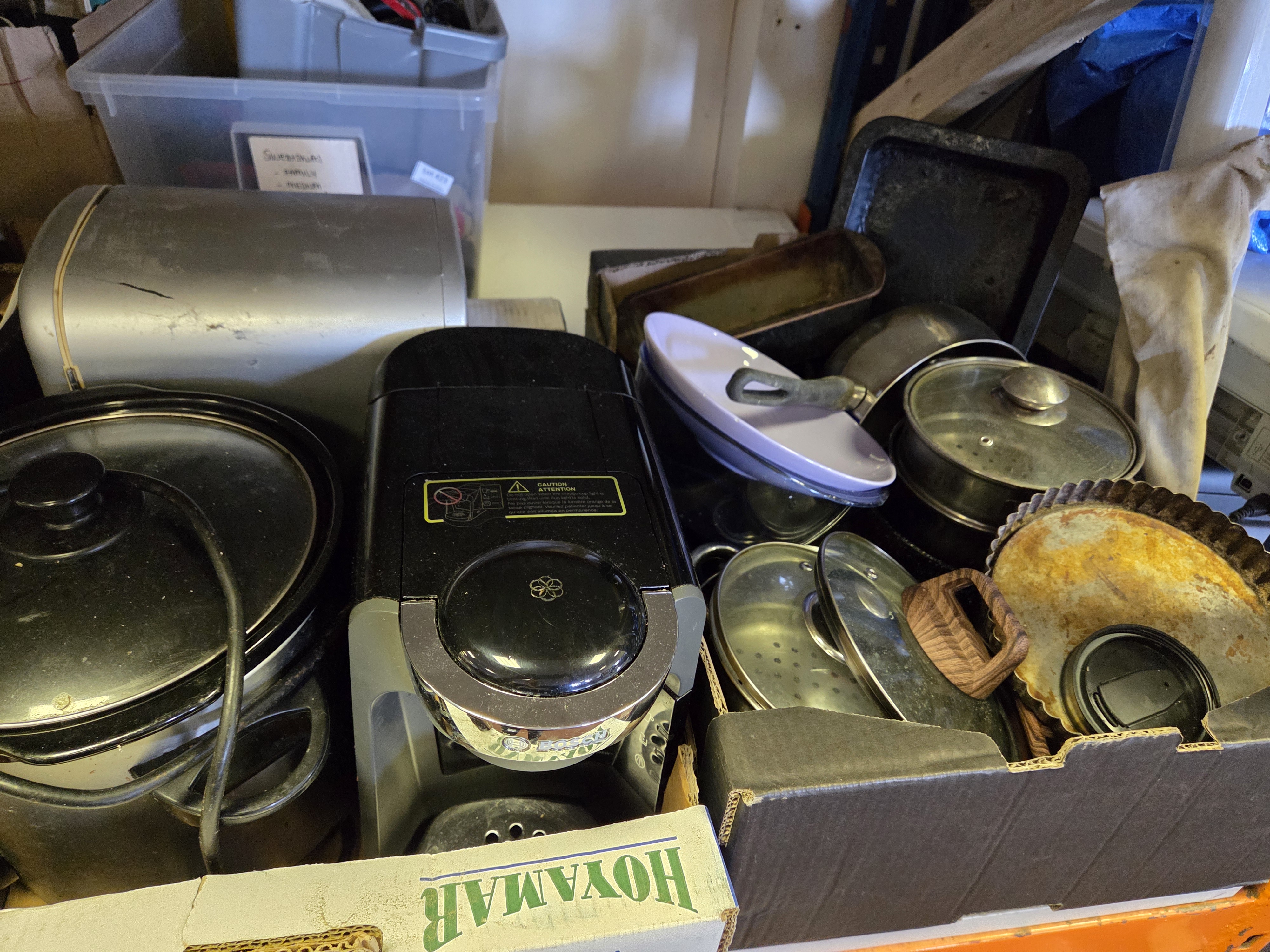 Two Boxes of Kitchenware and Appliances Including Bosch Tassimo and Slow Cooker