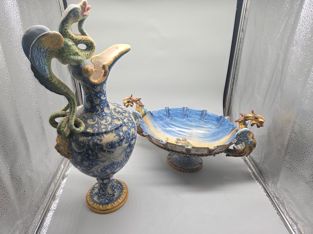 Lot 231 – A Selection of Italian Earthenware Including Faenza Renaissance Revival Ewer and Centerpiece – repair to one item
