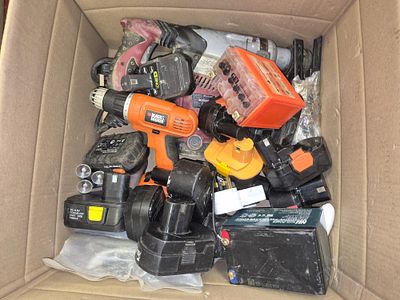 An Assortment of Black & Decker and Einhell Power Tools, Batteries, and Accessories