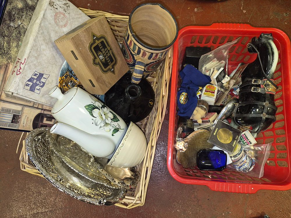 Lot 186 – Two Boxes of Ceramics, Silver-Plate, and Ephemera including Beswick Shire Horse