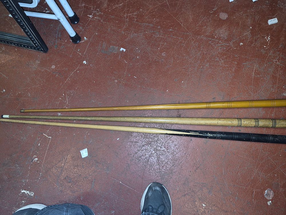 Lot 189 – Three Vintage One-Piece Wood Snooker Cues