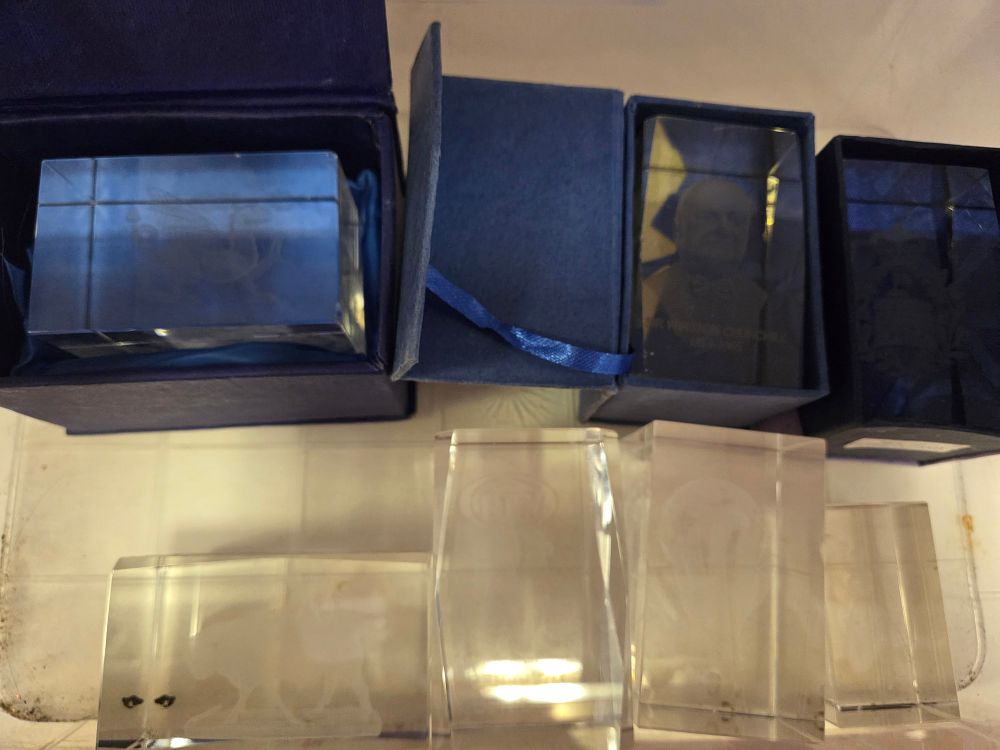 Lot 224 – A Collection of Laser Etched Glass and Optical Crystal Paperweights including Sir Winston Churchill
