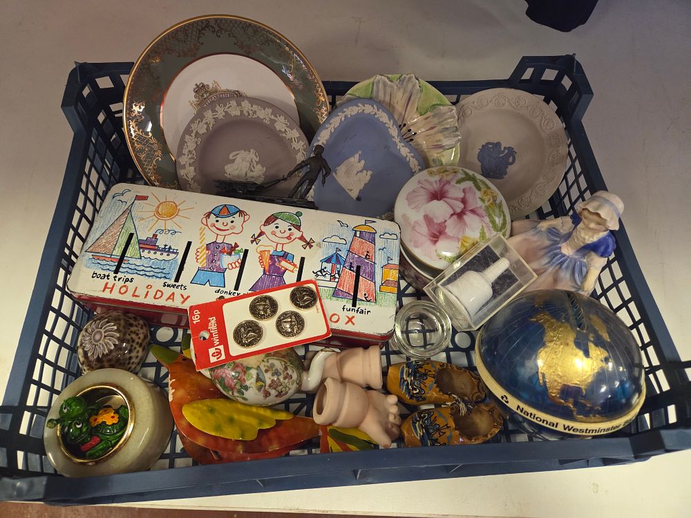 Lot 229 – A Crate of Ceramic and Metalware Including National Westminster and Wedgwood