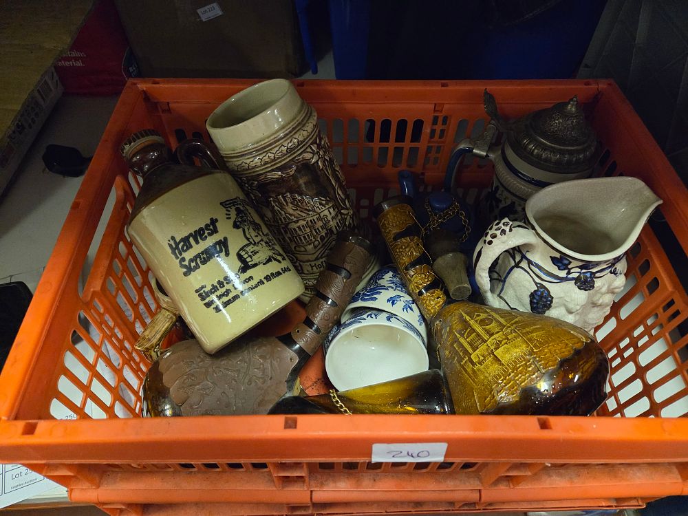 Lot 249 – An Assortment of Earthenware and Glassware Including Harvest Scrumpy Flagon and German-style Stoneware Steins