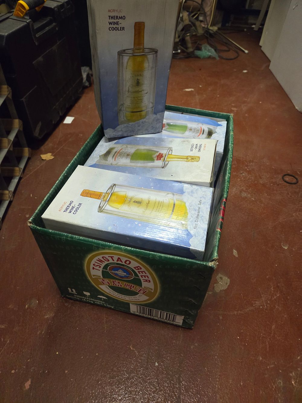 Lot 258 – A Collection of Acrylic Thermo Wine Coolers in Original Packaging and Tsingtao Beer Crate