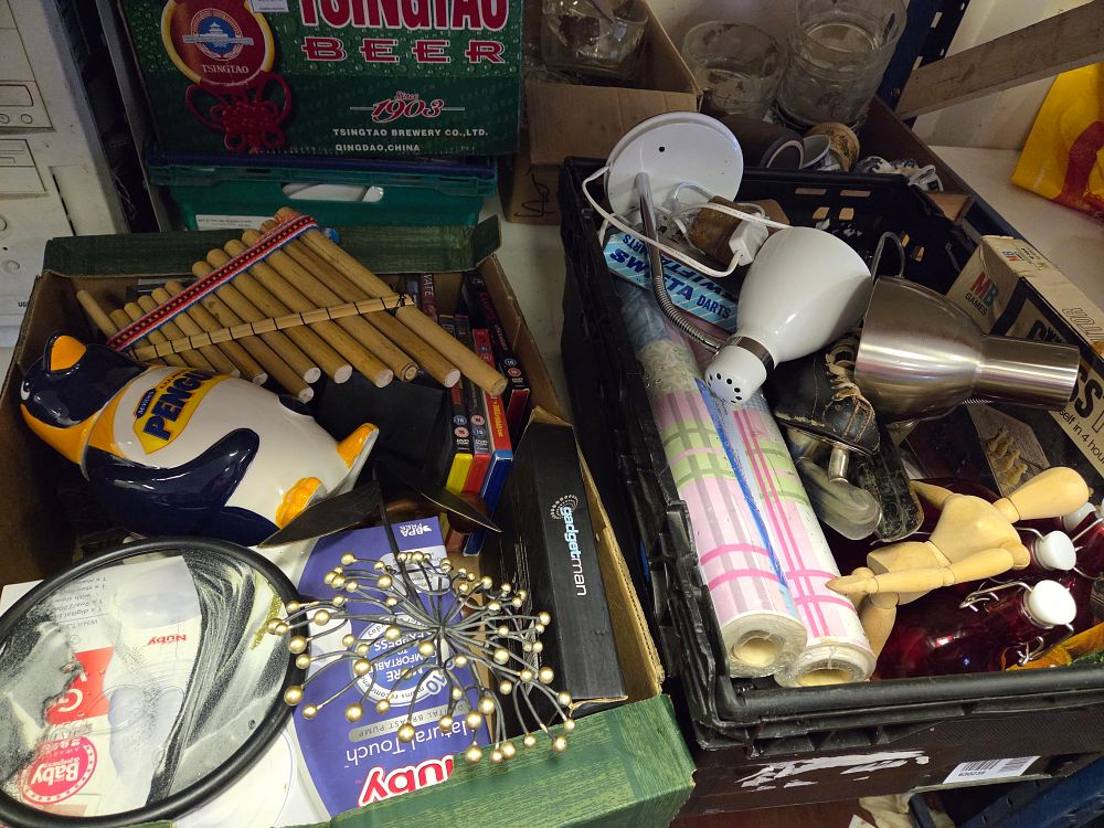 Lot 302 – Two Boxes of Miscellaneous Household Goods Including McVitie’s Penguin Barrel