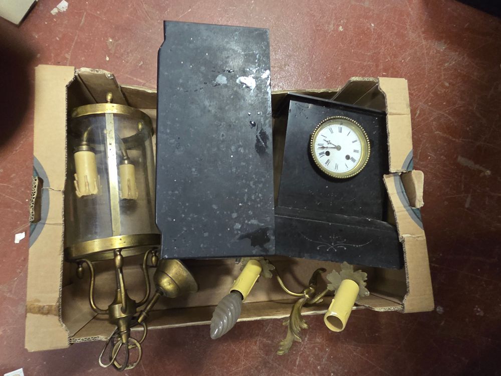 Lot 316 – A Collection of Brass Lighting Fixtures and Black Marble Clock Components