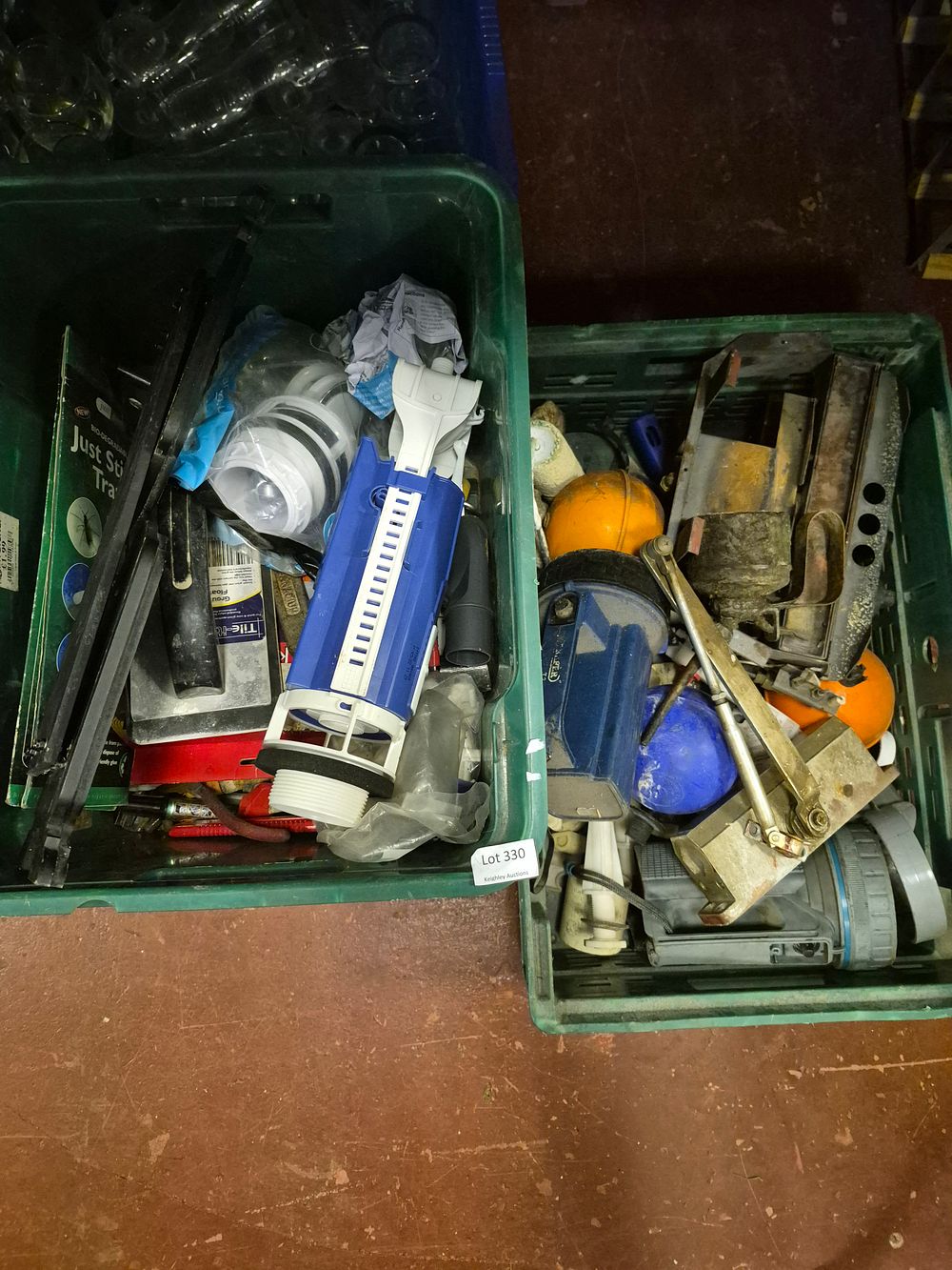 Lot 330 – Two Plastic Crates of Assorted Hand Tools, Plumbing Fittings