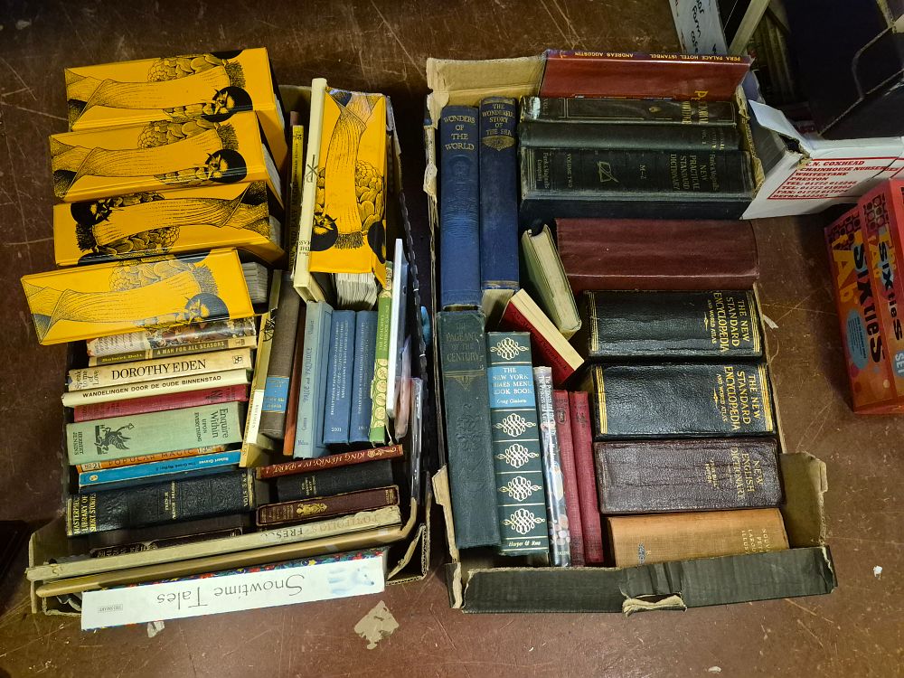 Lot 30 – Two Boxes of Books Including The New Standard Encyclopedia, Funk & Wagnalls Dictionary, and Art Nouveau Style Decorative Bindings