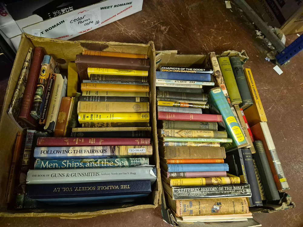 Lot 32 – Two Boxes of Books Including Following the Fairways, Men, Ships and the Sea, and The Walpole Society