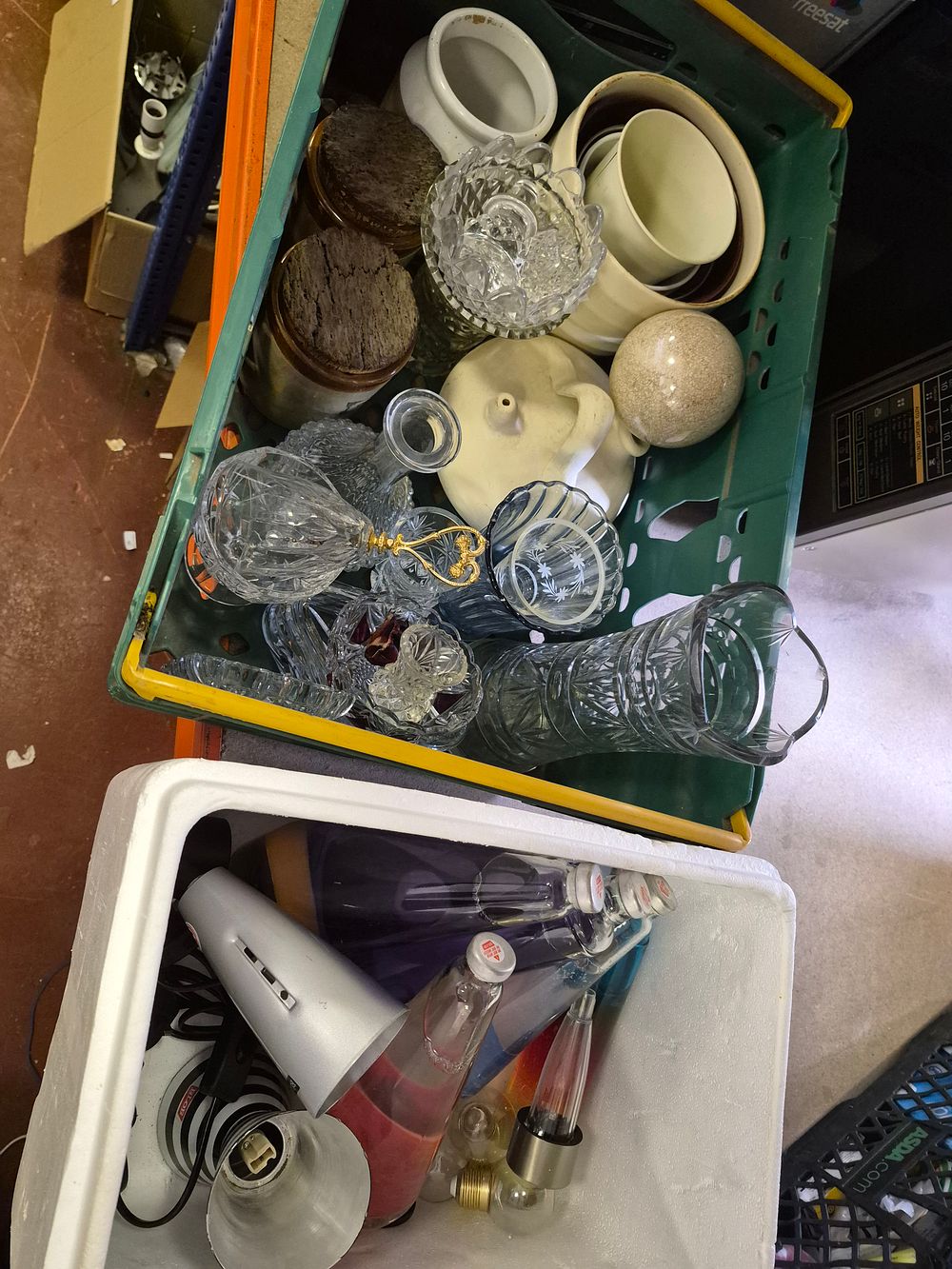 Lot 44 – Two Boxes of Glassware, Ceramics, and Miscellaneous Lighting Components