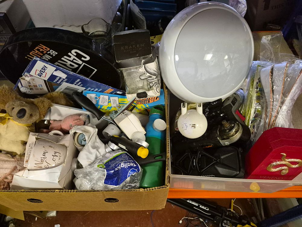 Lot 46 – Two Boxes of Household Sundries, Tools, and Decorative Items Including Avery Stationery and Challenge Power Tools