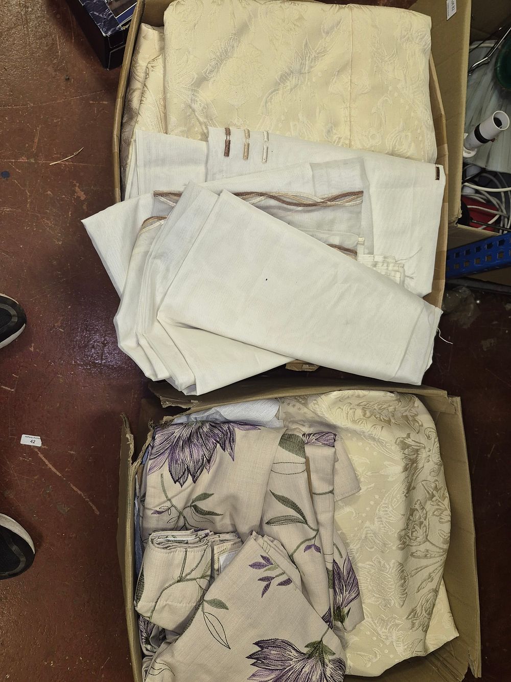Lot 47 – Two Boxes of Mixed Domestic Textiles including Damask and Floral Embroidered Curtains