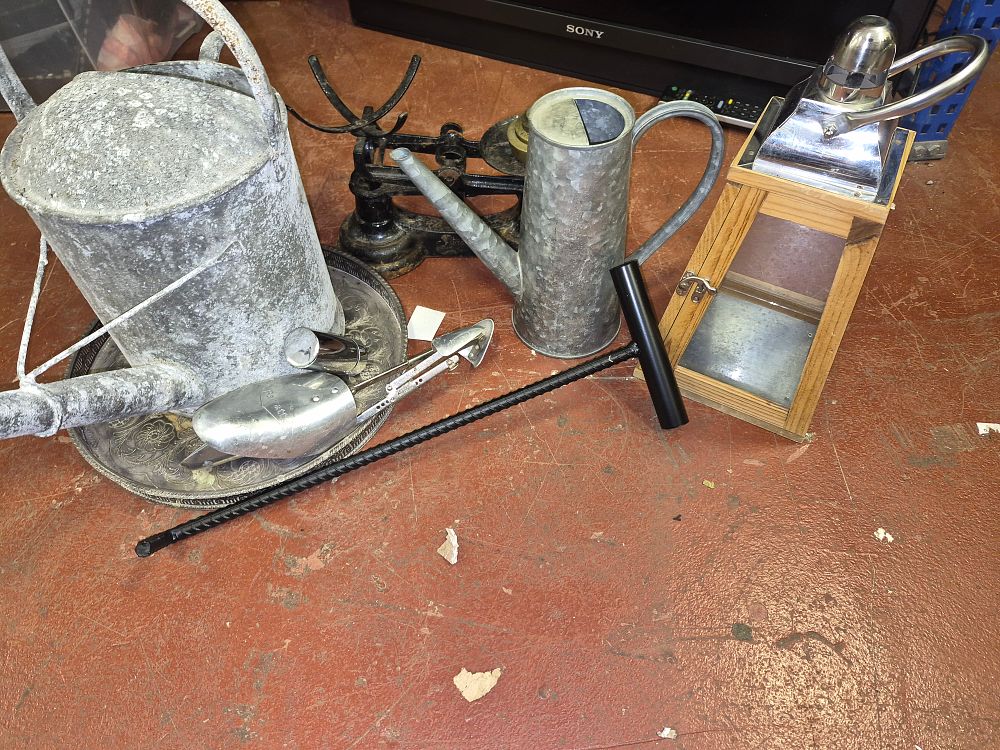 Lot 66 – A Collection of Vintage Metalware and Domestic Items including Watering Cans and Kitchen Scales