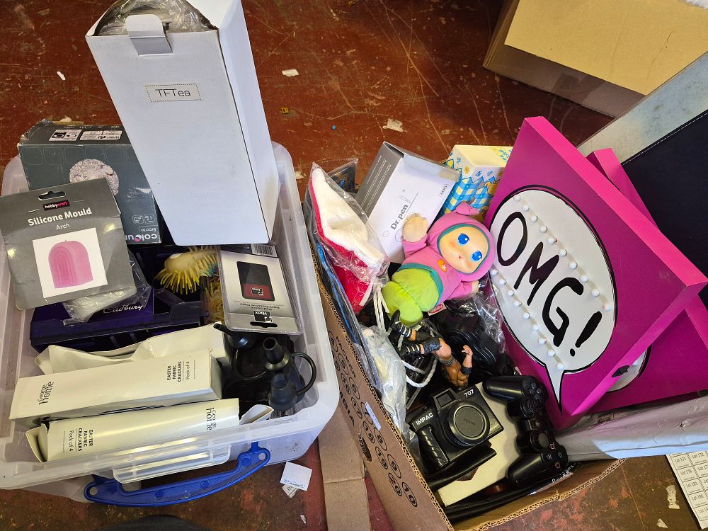 Lot 164 – Two Boxes of Mixed Household Goods and Electronics Including Dr.pen M8S and Playskool Toys
