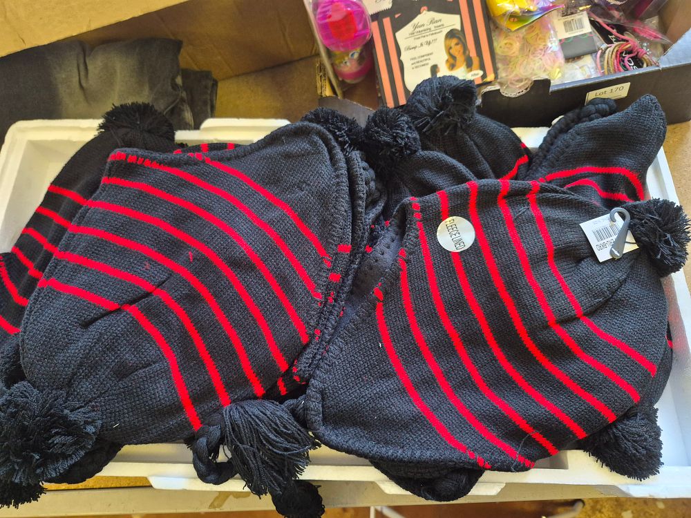 Lot 172 – An Assortment of Red and Black Striped Winter Earflap Beanies new with tags