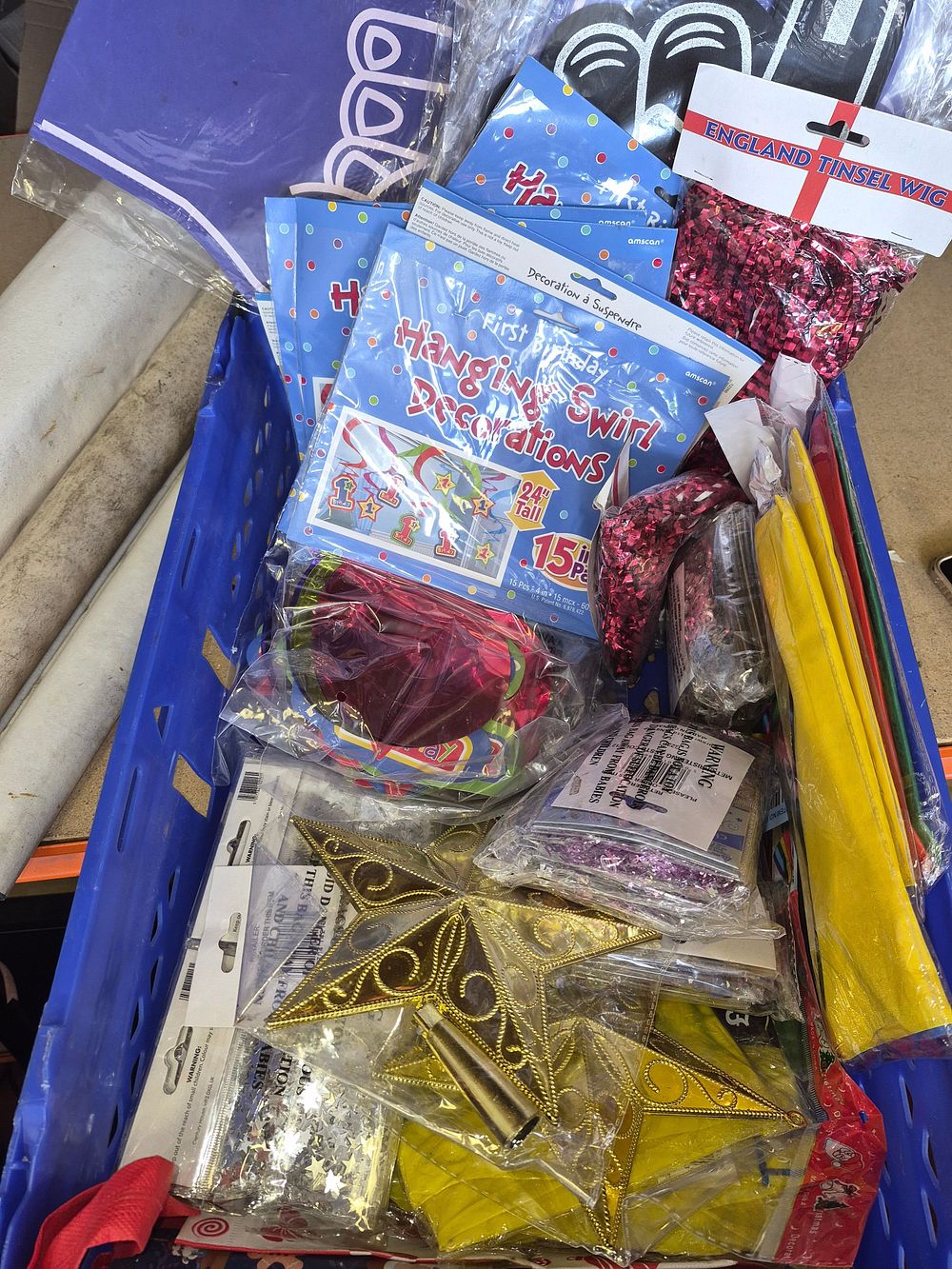 Lot 187 – A Collection of Party Supplies and Festive Decorations including Amscan First Birthday Hanging Swirls new in packaging