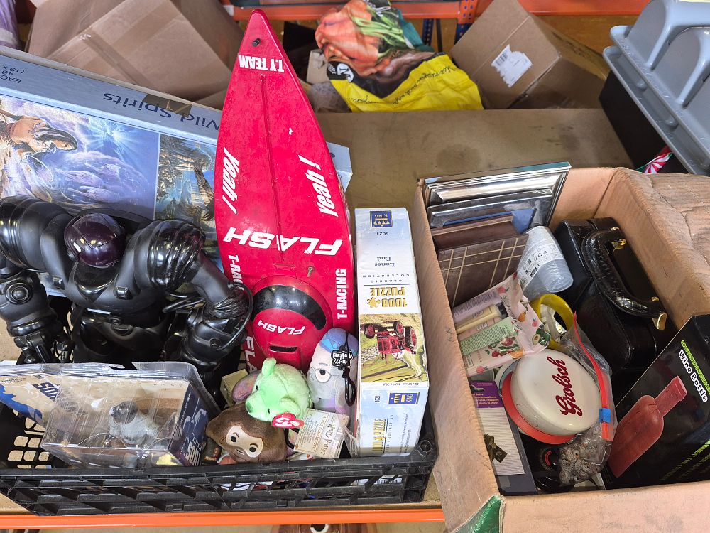 Lot 199 – Two Boxes of Toys and Household Goods Including King Jigsaw Puzzle and Ty Beanie Baby