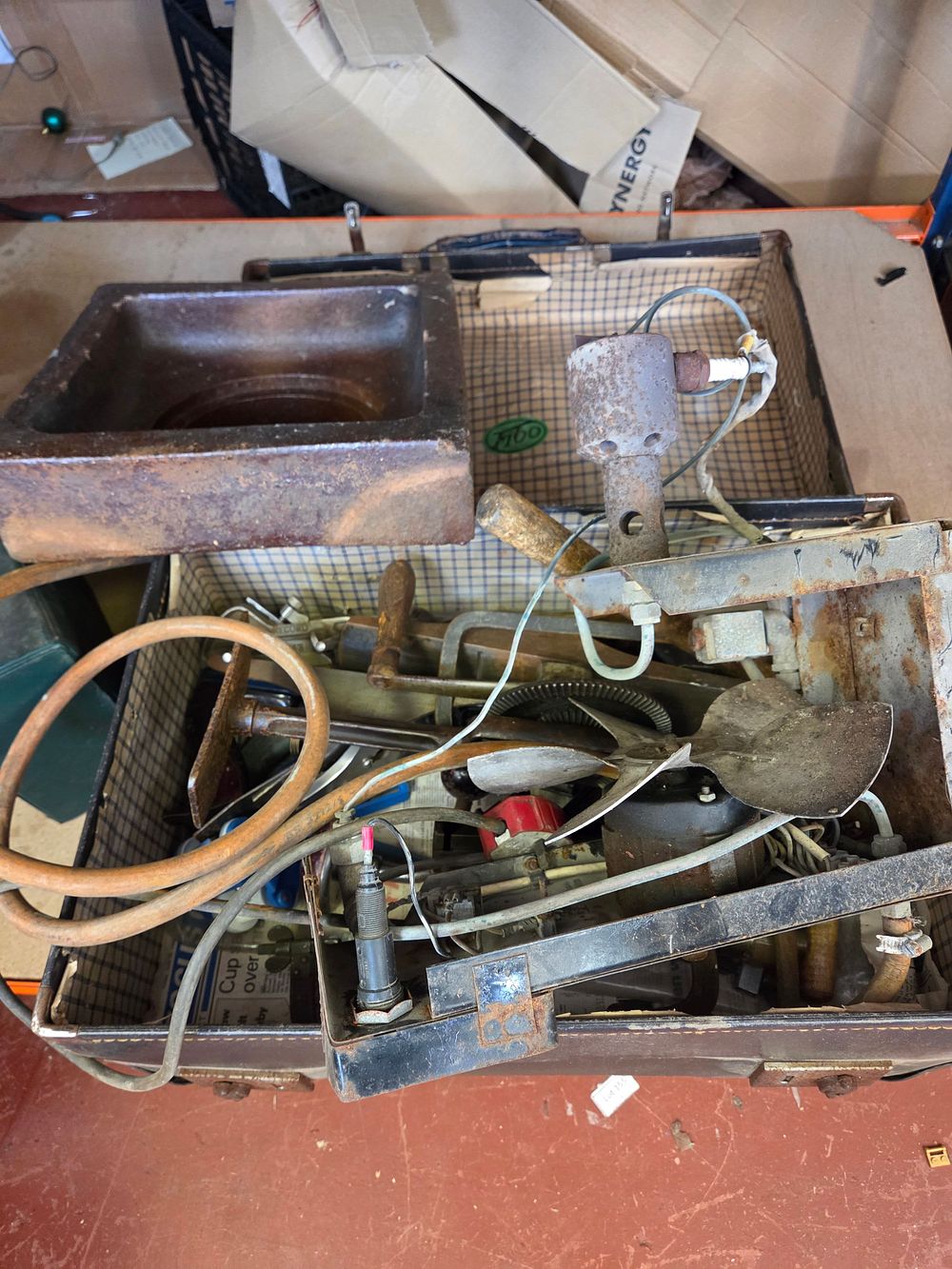 Lot 213 – A Collection of Vintage Industrial Components and Tools in a Fibo Suitcase