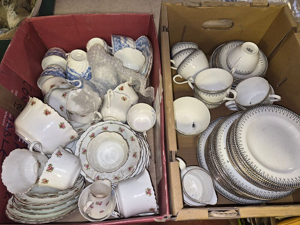 Lot 23 – Two Boxes of Mixed Floral and Geometric Patterned Ceramic Tea and Dinnerware