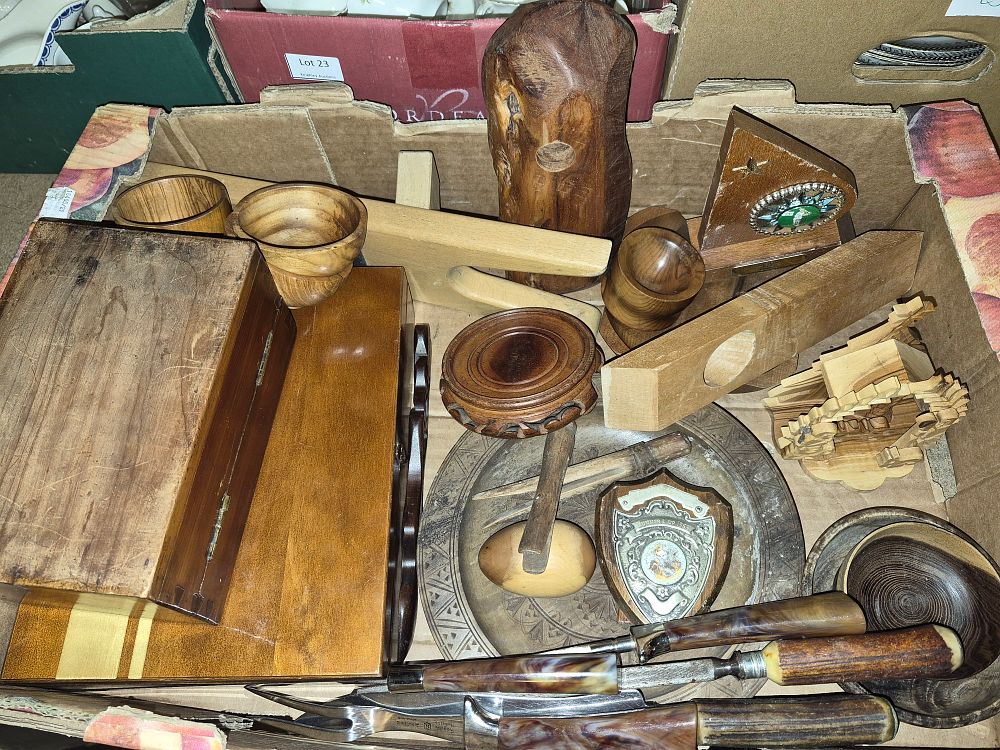 Lot 26 – A Box of Miscellaneous Treen, Woodworking Tools, and Decorative Woodenware