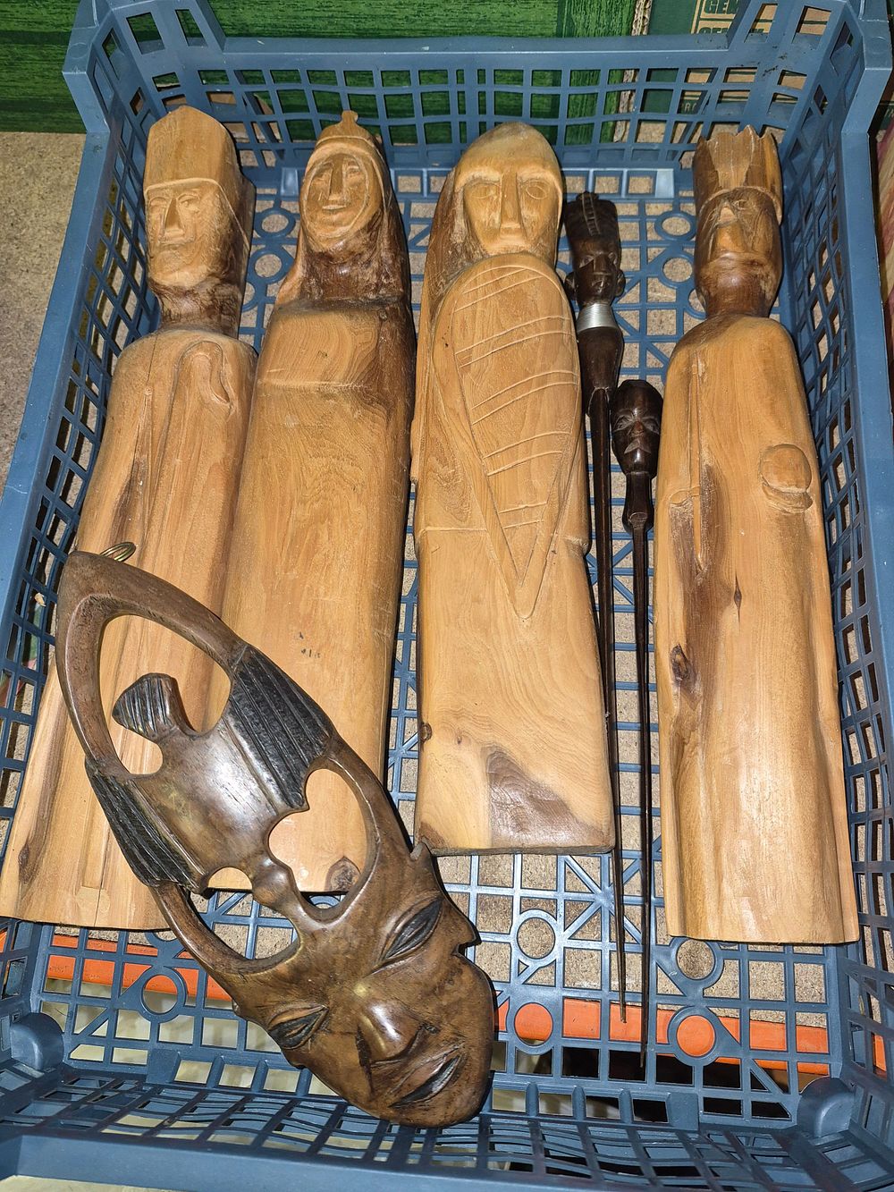 Lot 28 – A Collection of Sub-Saharan African Style Wood Carvings Including Mask and Figural Posts