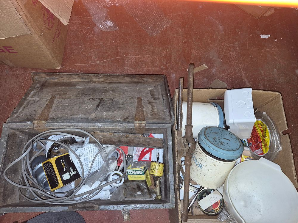 Lot 30 – An Assortment of Vintage Workshop Tools, Plumbing Components, and Kitchen Storage Jars