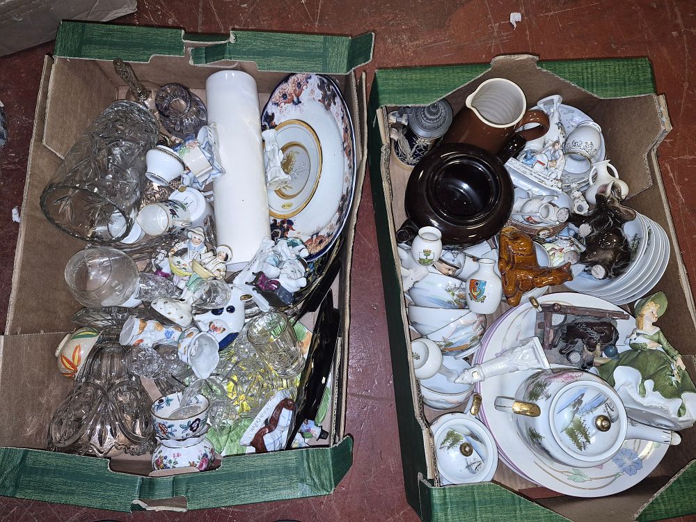 Lot 33 – Two Boxes of Miscellaneous Ceramic and Glass Tableware, Figurines, and Decorative Items