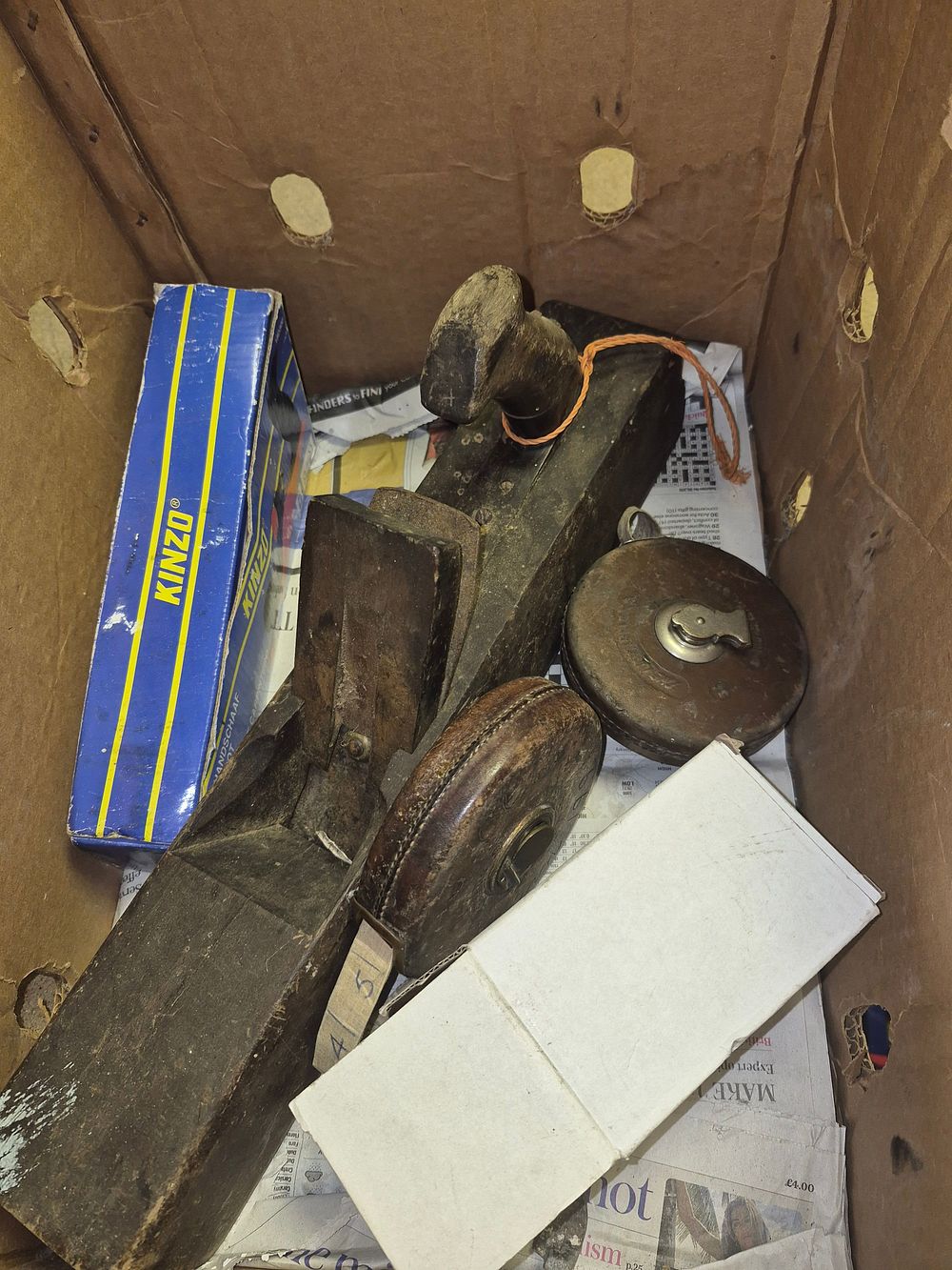 Lot 44 – A Collection of Woodworking Tools and Measuring Tapes Including Kinzo Hand Plane