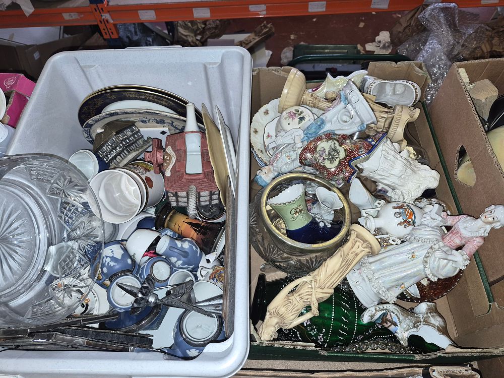 Lot 75 – Two Boxes of Decorative Ceramics, Glassware, and Metalware including Jasperware and Figurines
