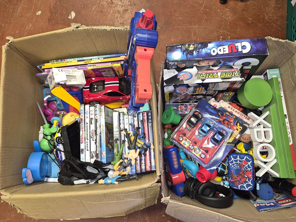 Lot 79 – Two Boxes of Mixed Toys and Games Including Xbox Decorative Display and Cluedo