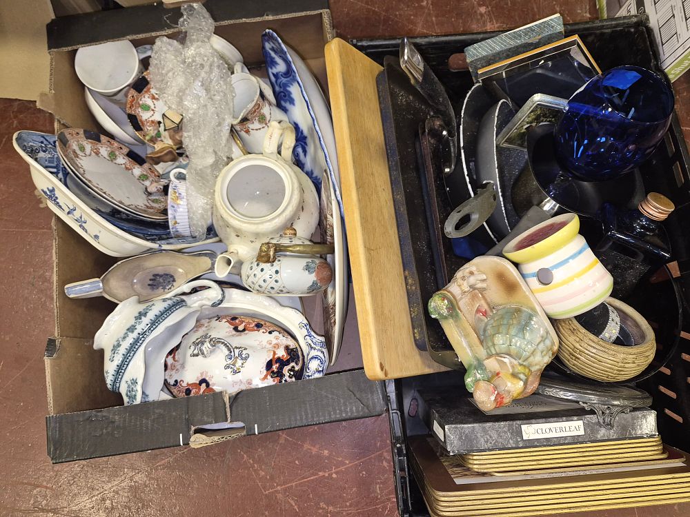 Lot 82 – Two Boxes of Ceramics, Kitchenware, and Table Mats Including Gaudy Welsh Style Pottery and Haig Club Bottle