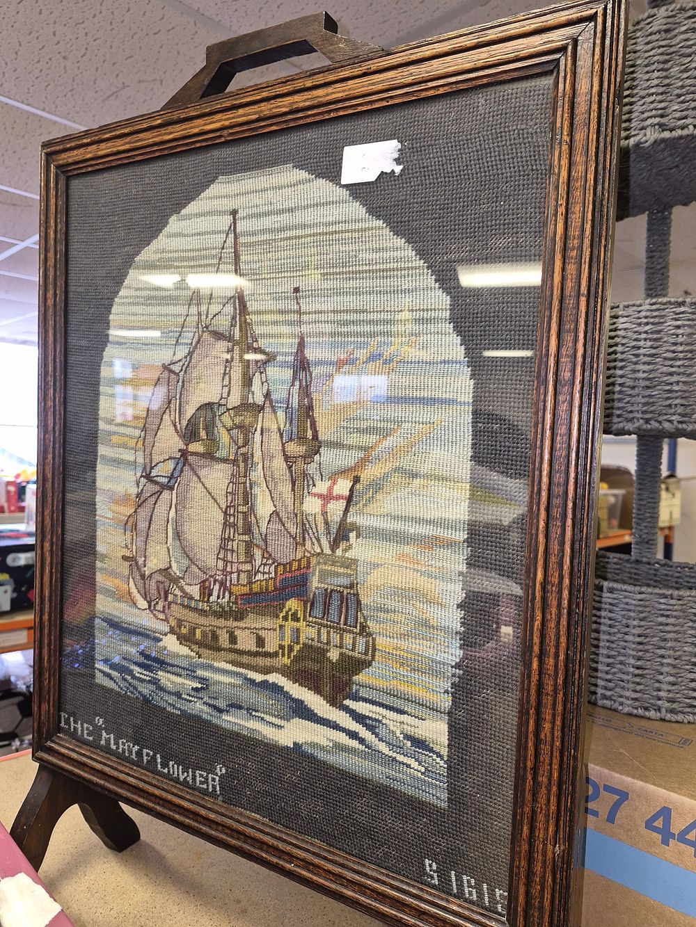 Lot 90 – Mid-20th Century Oak Standing Fire Screen with Needlepoint Panel of The Mayflower