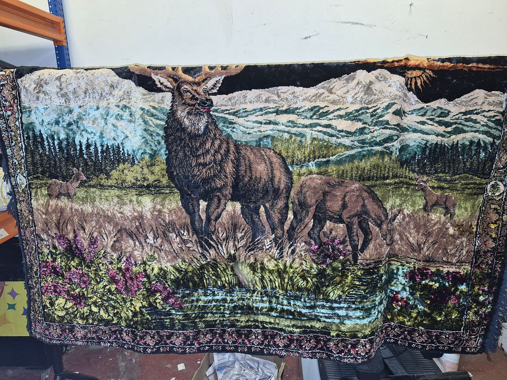 Lot 97 – Large Machine Woven Velvet Style Pictorial Tapestry depicting a Stag and Mountains