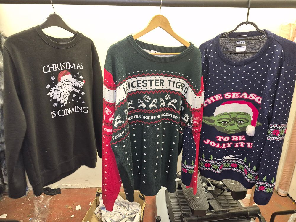 Lot 99 – Three Star Wars, Game of Thrones, and Leicester Tigers Themed Christmas Sweaters