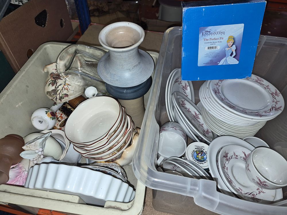 Lot 101 – Two Boxes of Mixed Decorative Ceramics and Art Pottery Including Disney Cinderella Money Bank