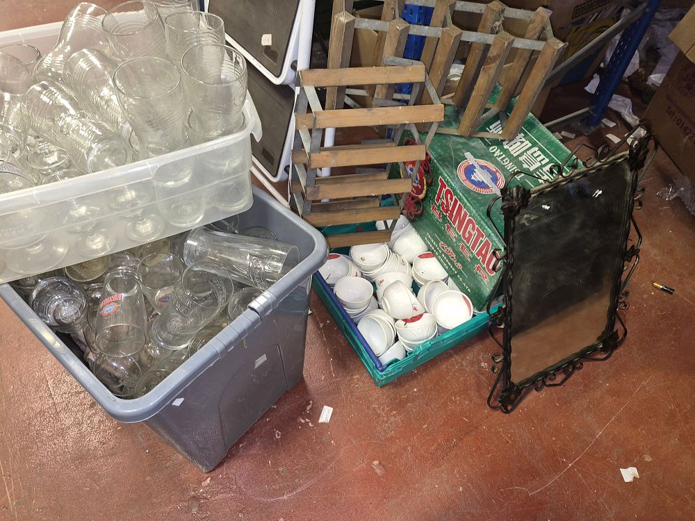 Lot 119 – A Collection of Assorted Barware, Catering Supplies, and Wrought-Iron Wall Mirror