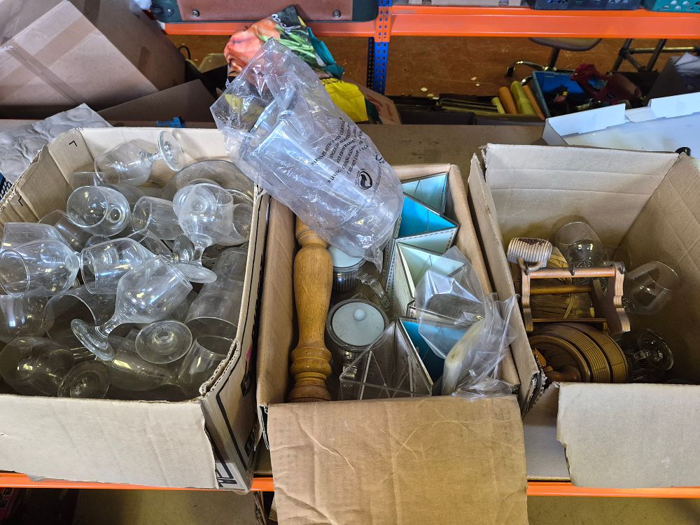 Lot 68 – Three Boxes of Assorted Glassware, Wooden Kitchenware, and Domestic Items