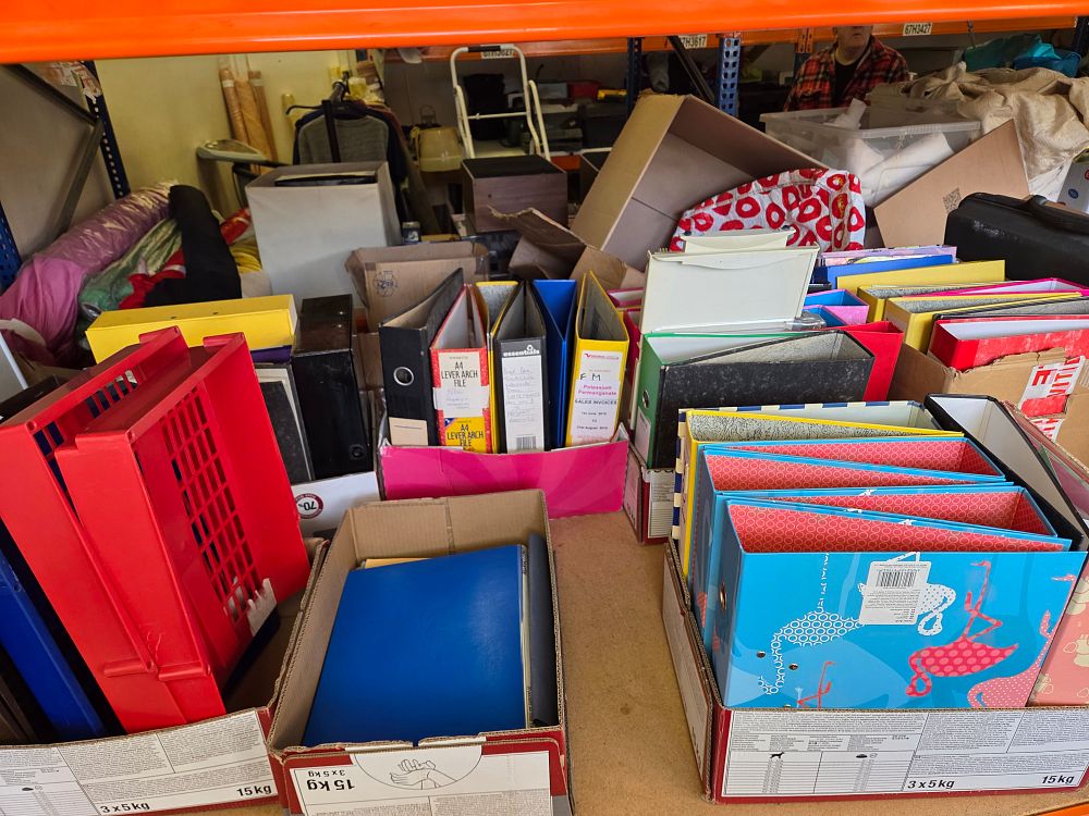 Lot 98 – An Assortment of Lever Arch Files, Ring Binders, and Plastic Storage Crates including Essentials and WHS Brands