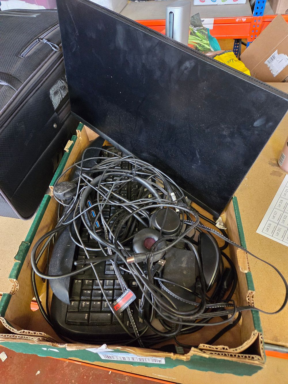 Lot 112 – Box of Miscellaneous Computer Peripherals Including Dell Monitor and Dell Keyboard