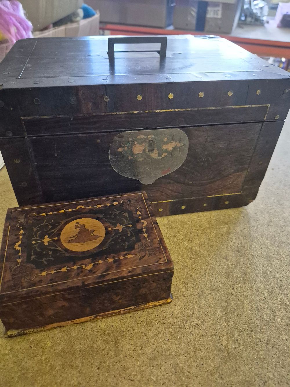 Lot 126 – Two Brass-Bound and Marquetry Inlaid Decorative Boxes