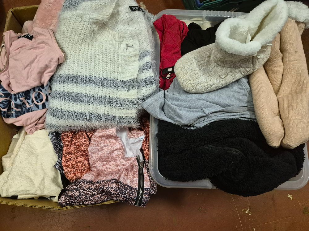 Lot 174 – Two Boxes of Ladies’ Knitwear, Loungewear and Slipper Boots