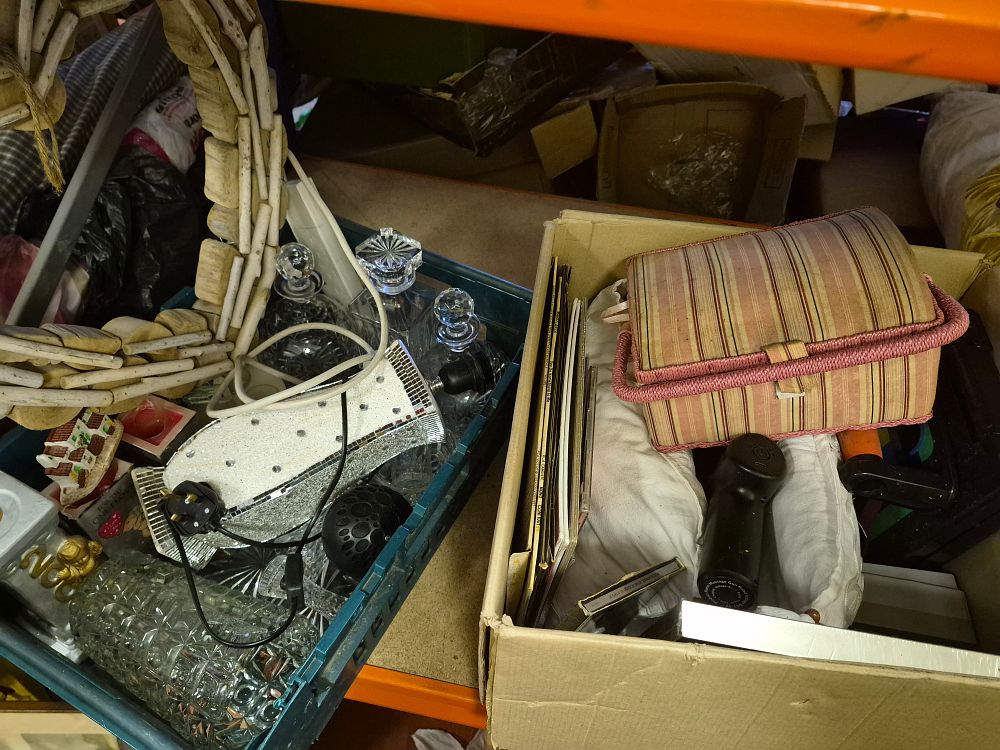 Lot 202 – Two Boxes of Miscellaneous Homewares, Decorative Glass, and Media