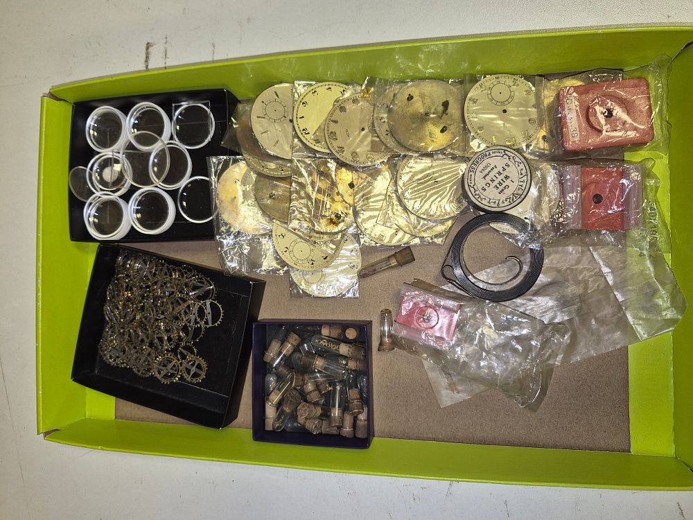 Lot 262 – An Assortment of Vintage Watchmaking Parts and Components Including Recta Dials